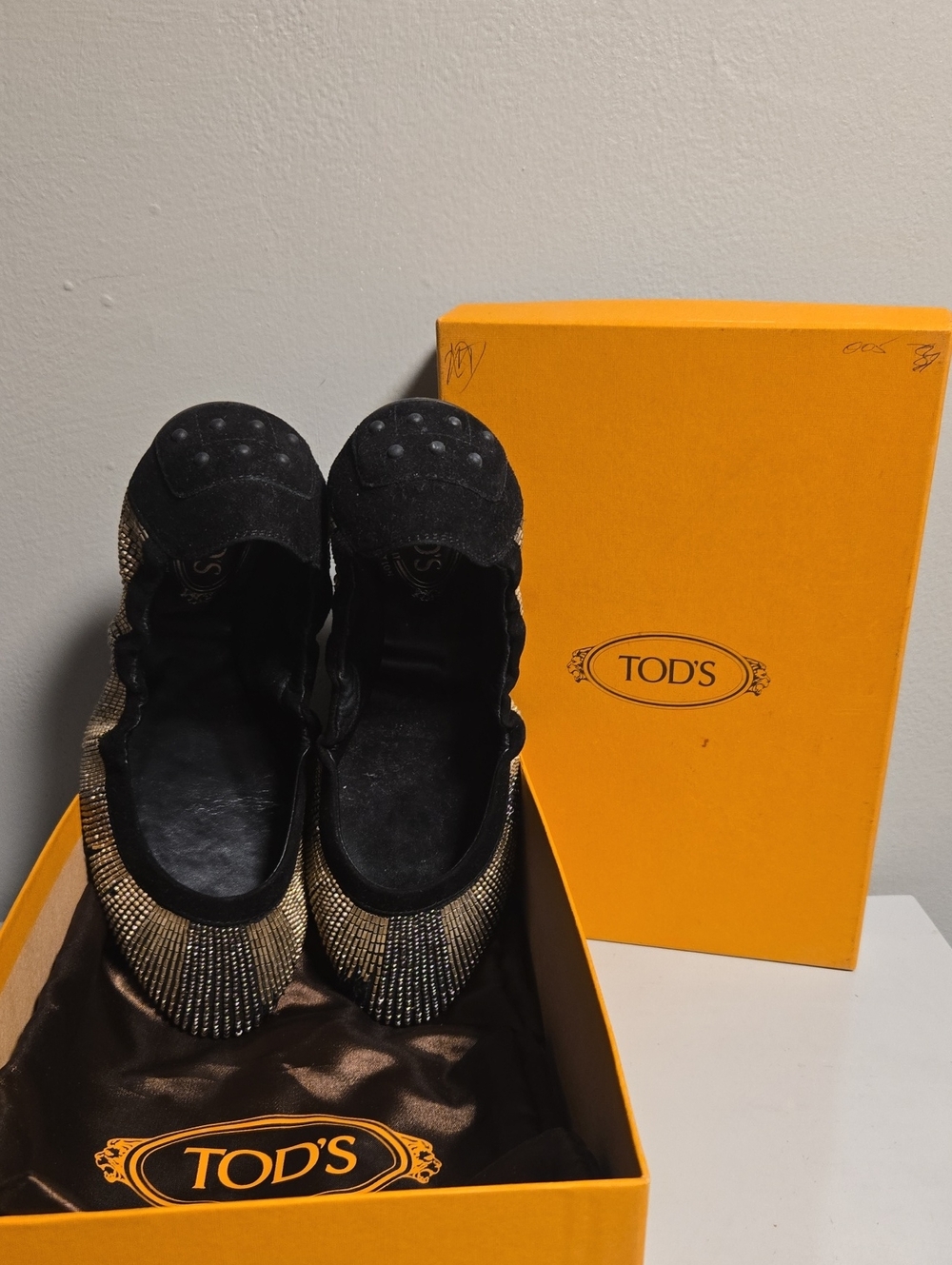 Tod's Black Suede Ballet Flats with Gold Stud Detailing